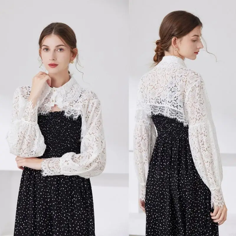 N7YE Nữ Tay Dài Phối Nút Cổ Hở Phía Trước Áo Len Nhún Vai