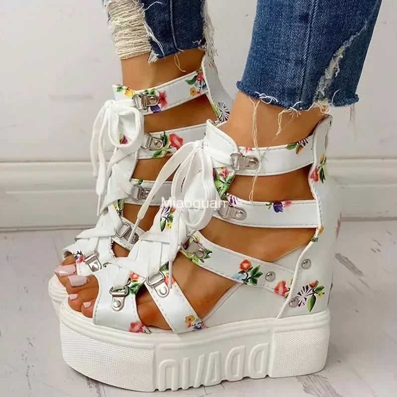 2024 Hot Sale Women\'s New Summer Sandals Floral Wedge High Heels Cross Straps Lace-up Increase 12cm Fashion Casual Shoes Ladies