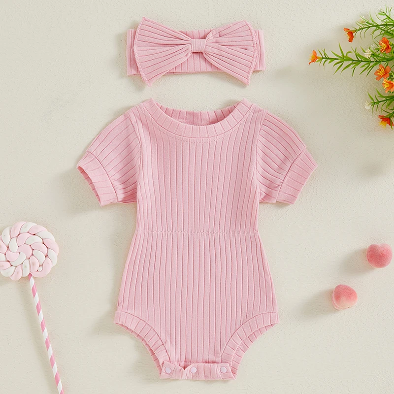 Motlapol Baby Girl Newborn Clothes Short Sleeve Crewneck Ribbed Knit Romper with Bow Headband Set Cute 2Pcs Summer Clothes