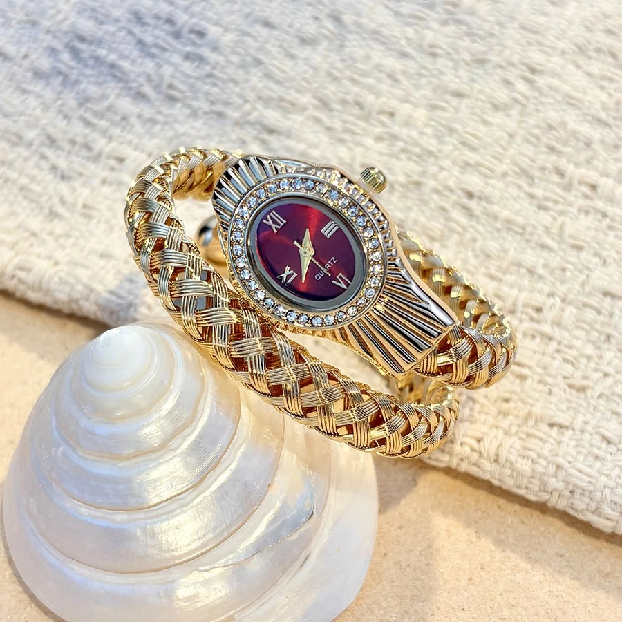 KAIRIS Women's Gold Quartz Watch Red Dial Rhinestone Bezel Luxury Bracelet Elegant Fashion Jewelry Wristwatch for Ladies