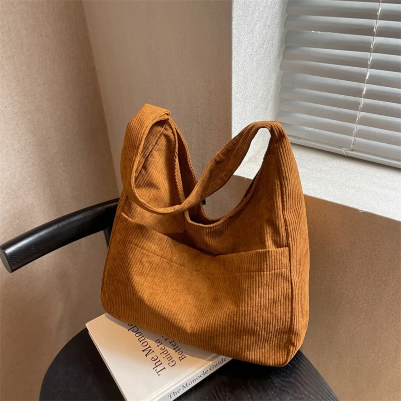 Solid Color Corduroy Canvas Shoulder Tote Bags For Women 2023 Casual Women\'s Designer Handbag Trend Female Armpit Bag