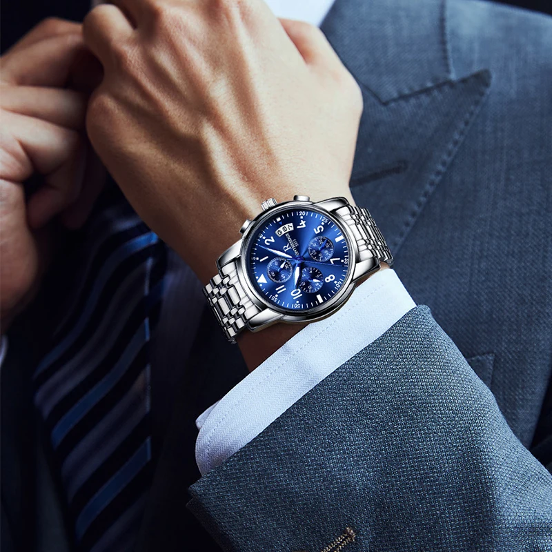 ساعة كرونوغراف كوارتز رياضية فاخرة للرجال ، فولاذ مقاوم للصدأ ، مقاومة للماء ، ساعة ذكر ، علامة تجارية مشهورة ، ذكر