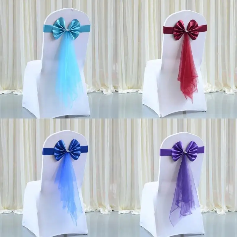 Organza Ribbon Chair Bow Stretch Back Cover Wedding Party Decor Elegant Chair Decoration Accessory