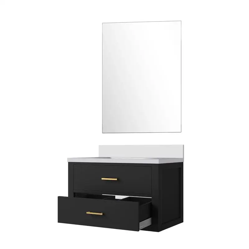 حمام فردي أسود مقاس 30 بوصة مع سطح كوارتز أبيض مقاس 22 بوصة ومرآة مقاس 28 بوصة