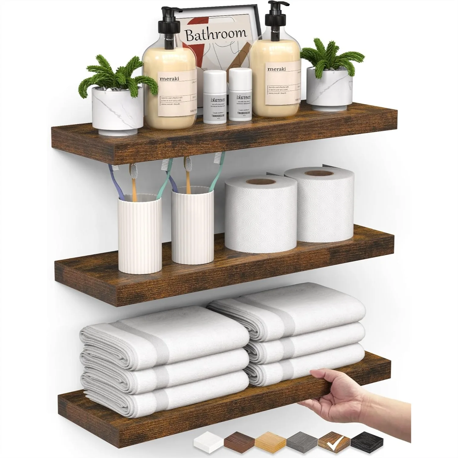 

Floating Shelves for Wall Set of 3, Rustic Brown Farmhouse Wood Shelves Over Toilet for Bathroom, Kitchen, Living Room Decor and