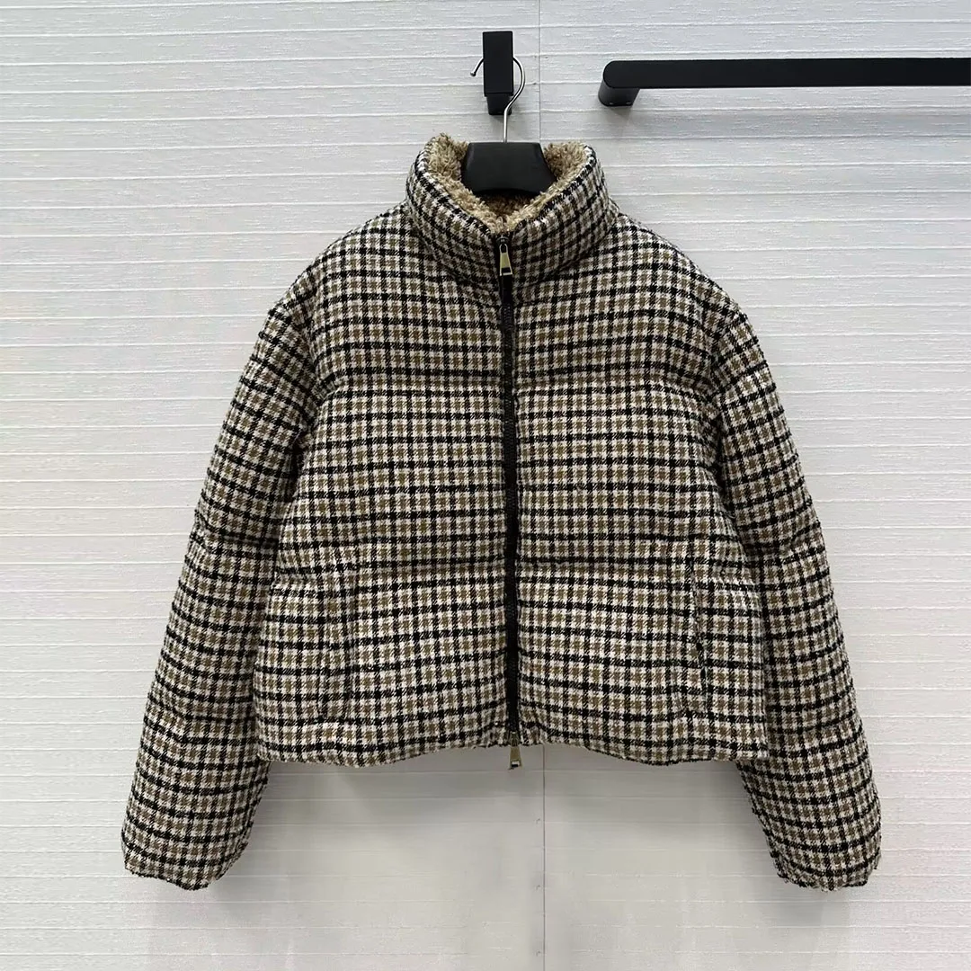 

2025 New Winter White Goose Down Coat Women Fleece Turtleneck Long Sleeve Loose Bread Style Woolen Plaid Vintage Casual Jacket