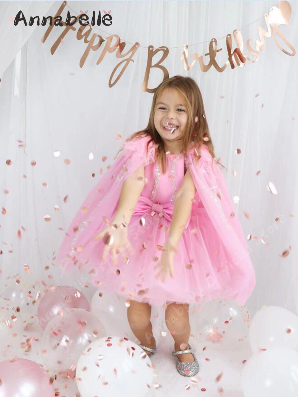 Annabelle Kids Girls Wedding Dress Cute Feather Shawl Sleeves For Birthday Luxury Girl Party Dress