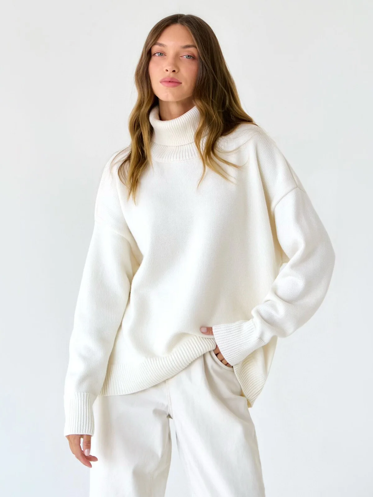 

Women Fashion With Ribbed Trim Loose Knit Sweater Vintage High Neck Long Sleeve Female Pullovers Chic Tops