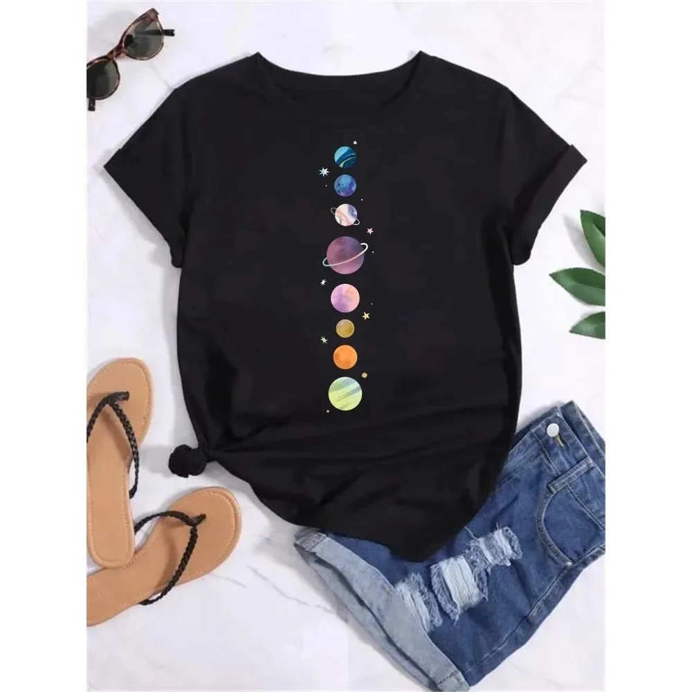 Women Moon Planet Print Fashion Tee Shirts Casual Round Neck Short Sleeve Streetwear Female T-Shirt Vintage Minimalist Tops