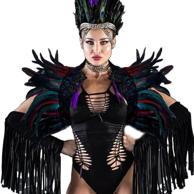 Gotycka peleryna z naturalnych piór szal na ramię koronkowy kołnierzyk Halloween zła królowa kostiumy dla kobiet