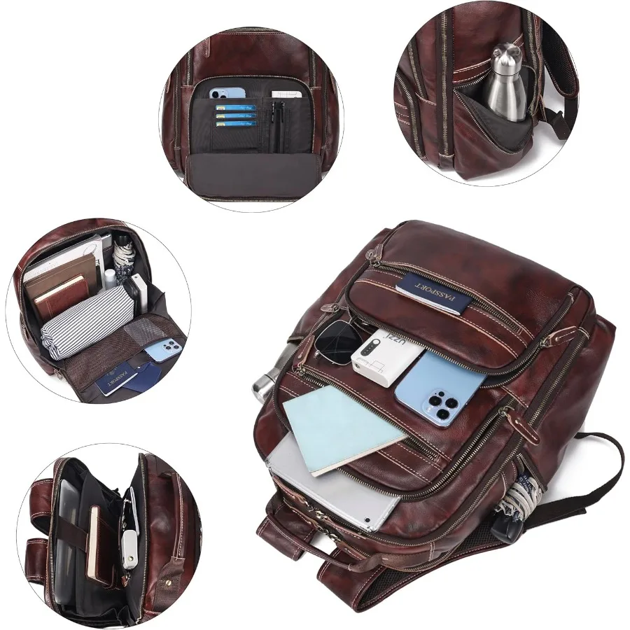 حقيبة ظهر كلاسيكية من الجلد المحبب بالكامل للرجال مقاس 17.3 بوصة حقيبة كمبيوتر محمول كاجوال حقيبة كتف طوال الليل للأعمال/المشي لمسافات طويلة/السفر