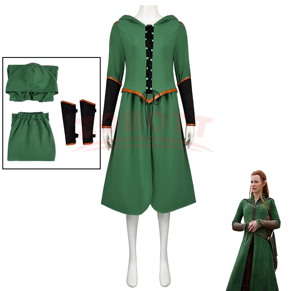 Disfraz de Tauriel, túnica verde de elfa, pantalones y protectores de brazos, conjunto medieval de fantasía para Halloween, carnaval o Comic Con.