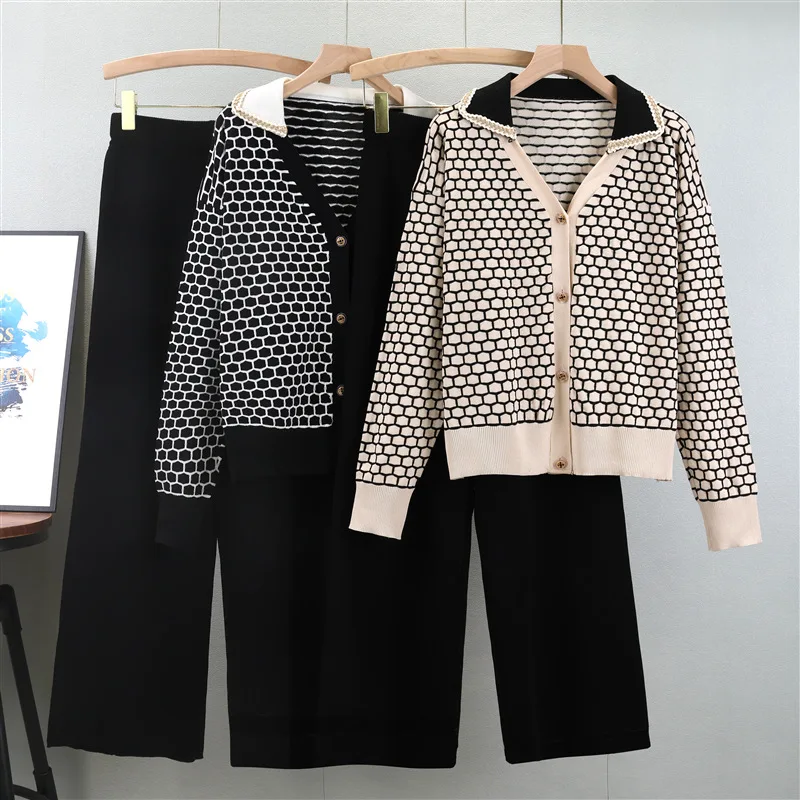 

Осень 2023, новые свободные вязаные комплекты из 2 предметов, женский корейский свитер с воротником-поло, пуловер, однотонные широкие брюки с высокой талией, женские B684