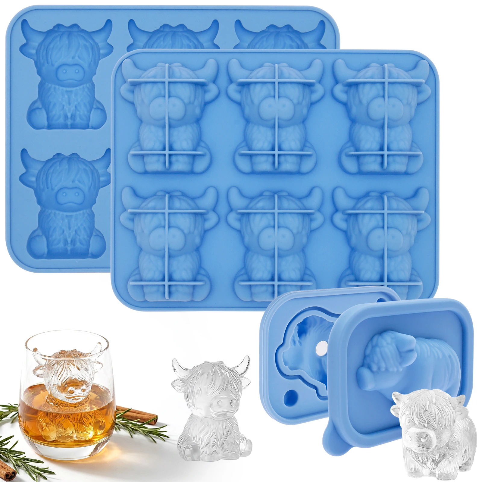 Highland-Kuh-Eiswürfelform, wiederverwendbare 3D-Silikon-Eiswürfelschale in Highland-Kuh-Form, DIY-Silikonformen für Whiskey, Cocktails, Getränke, Saft