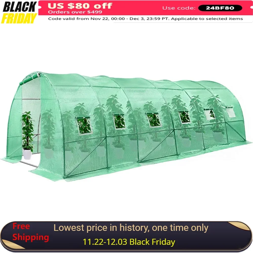 20x10x7 Ft. Garden Greenhouses, Greenhouse Tunnel with Green PE Cover, Roll-up Zipper Door and Window, Walk in Greenhouse