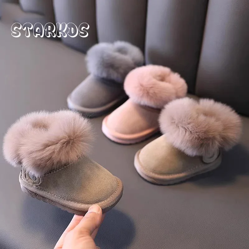 Botas de nieve de piel rosa y gris para bebé, botines cálidos de felpa suaves para invierno, Botas de piel con cremallera lateral de diseño clásico de marca para niño y niña