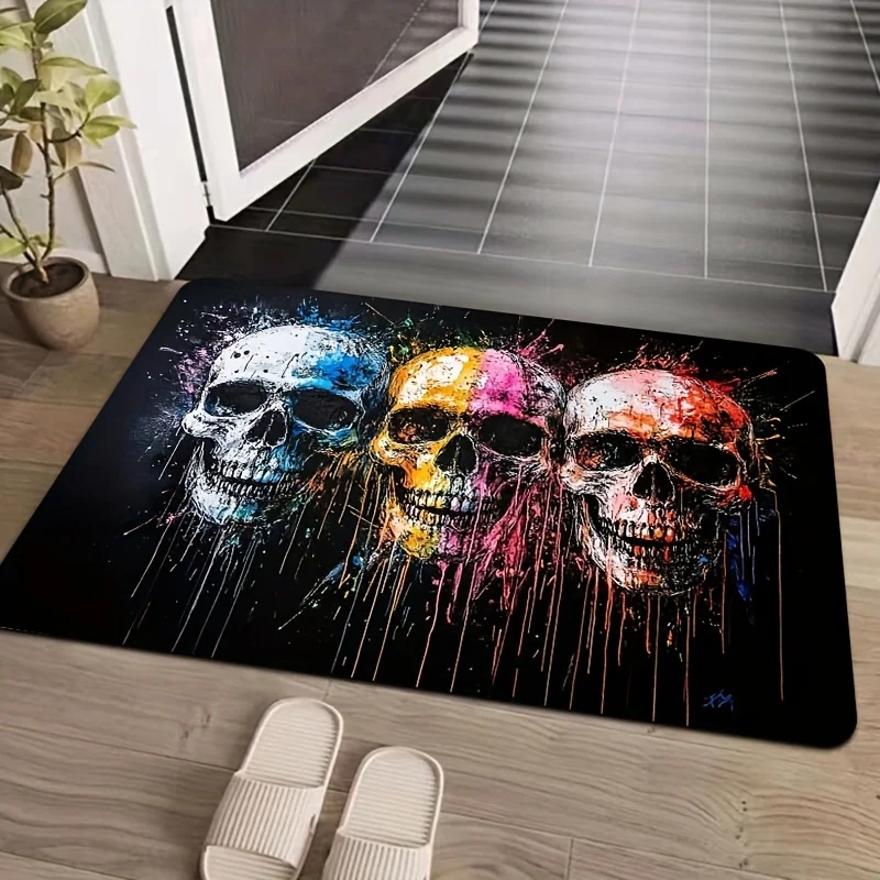 Artistic Skull Design Doormat, Polyester Non-Slip Machine Washable Rug for Entryway Living Room Bedroom Kitchen Decor