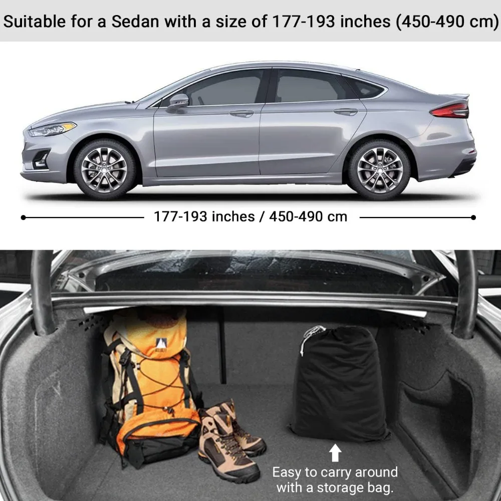 Universelle staubdichte Limousinen-Autoabdeckung, dehnbarer Innenschutz für Autos, 177–193 Zoll, mit Stauraum und vollständiger Abdeckung