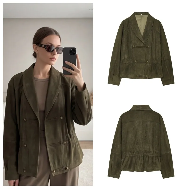 Guobioziy Women's Jacket  Autumn New Deep Green Long Sleeve Lapel Rope Button Suede Napoleon Coat Knight Style