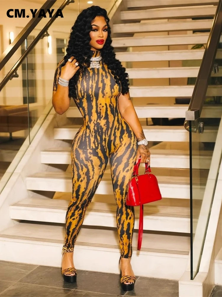 CM.YAYA elegante estampado de rayas mujeres de manga corta Legging mono 2025 verano calle Sexy fiesta vacaciones una pieza general