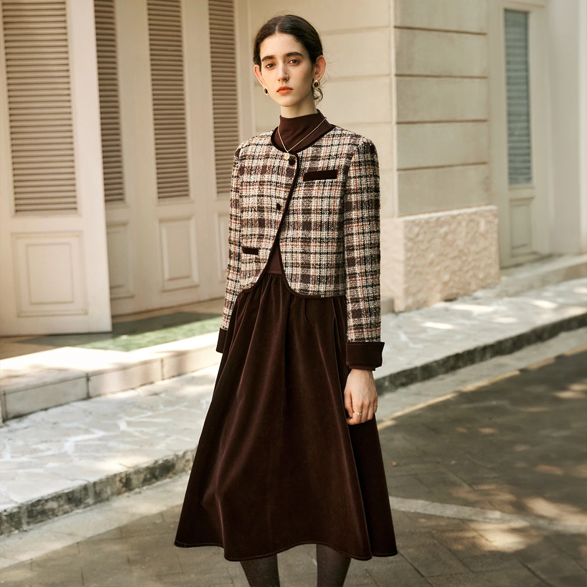 OLrain Two-piece Dresses Sets Women Autumn 2026 Patchwork Velvet Midi Dress Tweed Plaid Jackets Elegant Ladies Sets O56DE95268