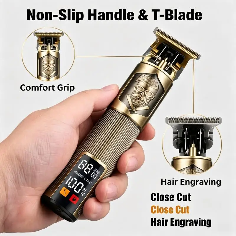 T9 Hair Clipper Set Vintage Stainless Steel Blade T-Blade Hair Trimmer Zero Gap Rechargeable for Men Engraving Beard Trim
