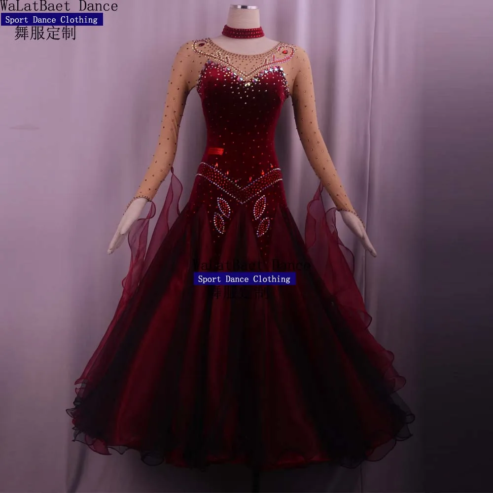 

Customized Color and Size Standard Ballroom Dance Dress Women Girls Competition Costume Velvet Waltz Stage Wine Red long Sleeve