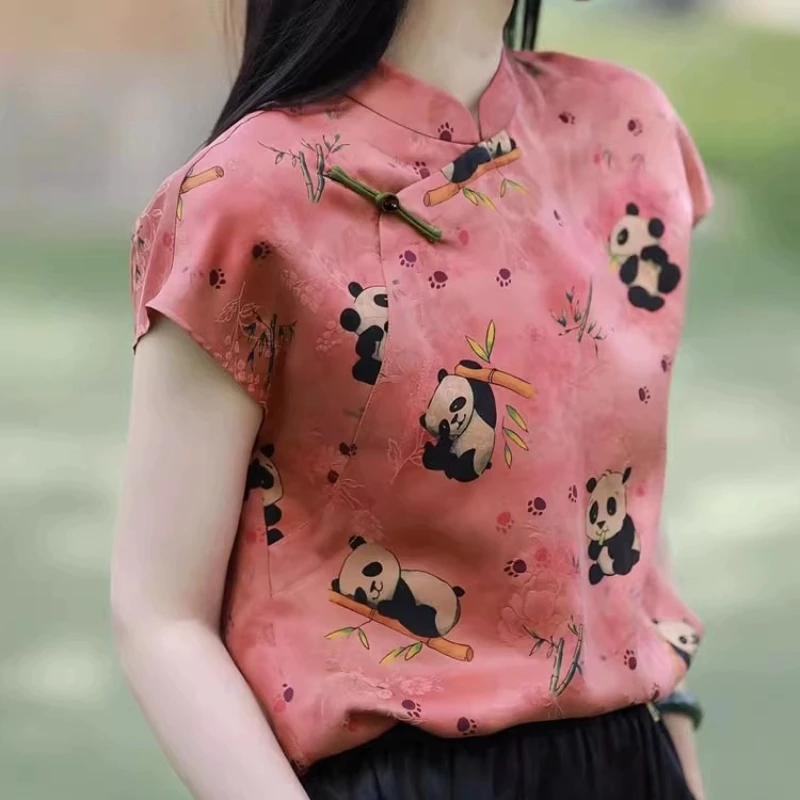 Chinese Style Women's Blouses Panda Print Vintage Shirts Fashion Slim Summer Clothing Short Sleeved Women Tops