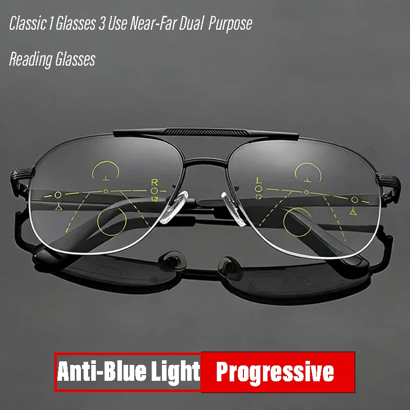 Multifokale Gleitsichtbrille für Damen und Herren, Modische Blaulichtfilter-Lesebrille, Computerbrille für Nah- und Fernsicht