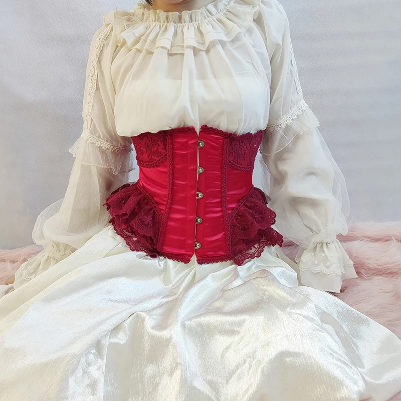 สั้นกระดูกเหล็กดอกไม้ลูกไม้ Underbust Corset Palace Princess Lolita สีแดง