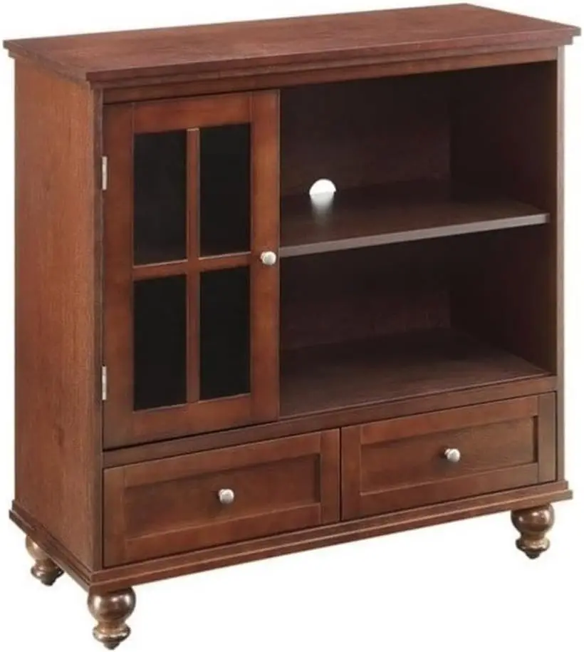 Tahoe Highboy TV Stand Espresso Cabinet with Tempered Glass 2 Drawers for Concealed Storage Includes Wood Legs