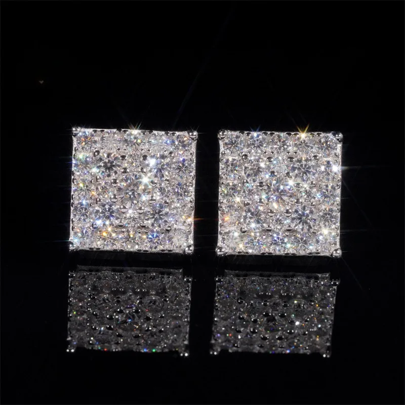 

925 Silver 10.2mm Iced Out Moissanite Square Stud Earrings Screwback Hiphop Bling Mosan Diamond Princess Earrings Pass Tester