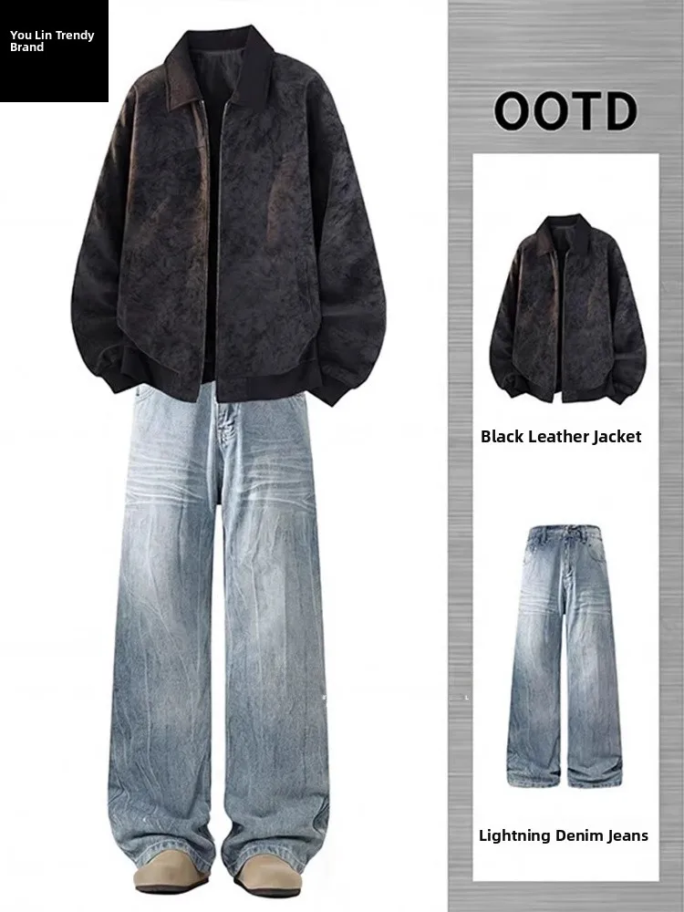 

Bla Tie Dye PU Leather Jaet And Micro Flare Jeans Men's Spring Faion Set Casual Sportswear Long Sve Teens Clothing