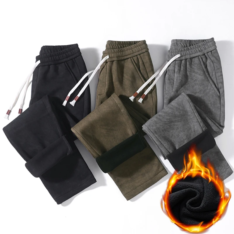 Thickened Cotton Knitted Straight Leg Loose Elastic Waist Drawstring Wide Leg Casual Pants for Men in Autumn and Winter