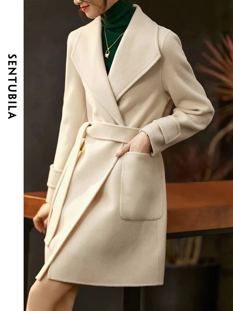 SENTUBILA Elegant 100 Wool Coat Women Autumn Winter 2024 Lapel Warm Double Sided Woolen Jacket Single Button Overcoats W24O42049