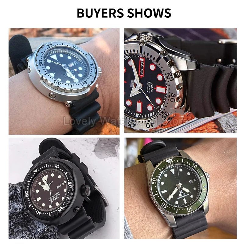 واجهة محدبة غير قابلة للانزلاق سريعة الجفاف باللون الأسود 20 22 لـ Seiko Tuna Can Diver 007 حزام ساعة من السيليكون بإبرة مشبك مضاد للحساسية