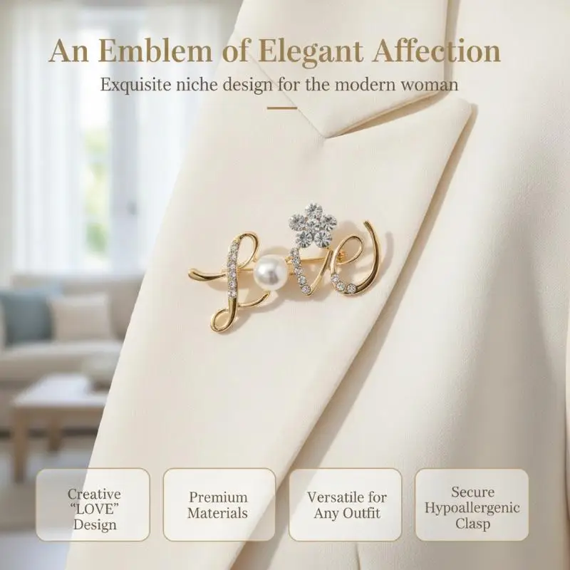 Sparkly Pearl Love Letter Brooch Rhinestone Crystal Lapel Pin for Women Suitable for Coat Scarf Hat Decoration