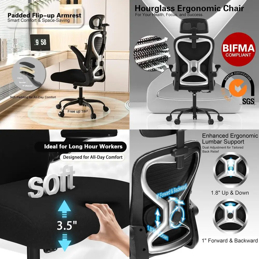 Cadeira de escritório ergonômica em malha com apoio lombar, almofada de assento e braços ajustáveis, adequada para trabalho no computador ou escritório em casa, B