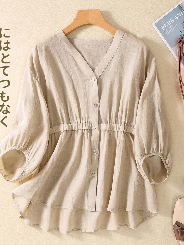V-Ne القطن الكتان دمية irt المرأة أناقة الصيف أعلى خمسة أرباع Sve زر متابعة فضفاضة تناسب العادية طول تخفيف Sle #2