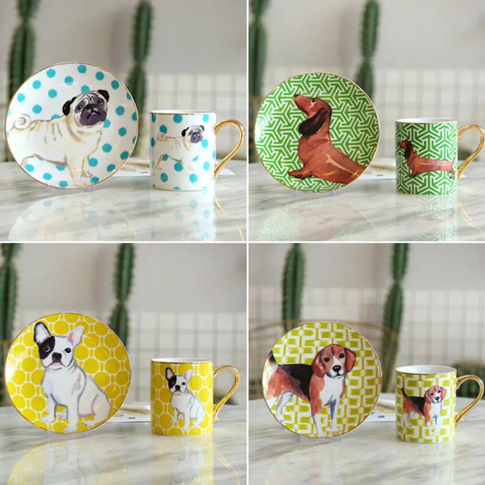 

Cute Ceramics Dog Pattern Coffee Cup Saucer Sets Porcelain Mugs with Golden Handle Plates Set Teacup Drinkware Gift