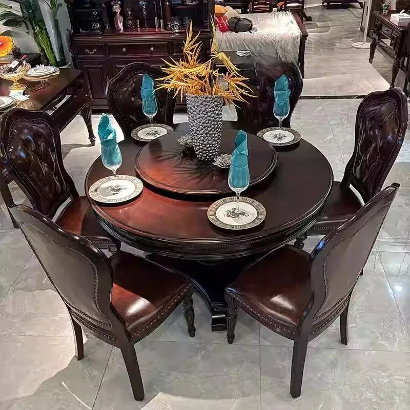 American solid wood round table dining table and chair combination solid wood carving flower belt turntable restaurant furniture