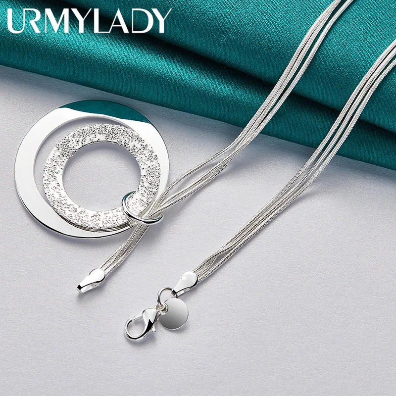 URMYLADY 925 Sterling Silver Smooth Matte Double Circle 18 Inch Pendant Necklace For Women Wedding Fashion Party Jewelry