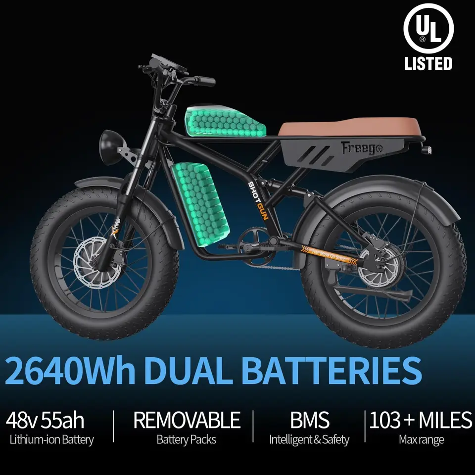 Freego Electric Mountain Bicycle Dual Motor&Dual Battery 2000W 48V/55Ah 20"x4.0" Fat Tires Off-Road Ebike 34MPH/103 Miles image 6