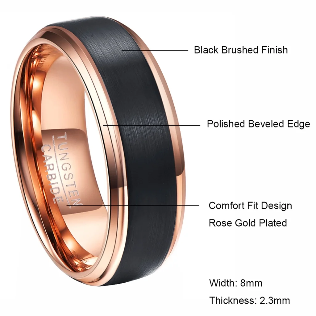 NUNCAD 6mm Rose Gold Color Tungsten Carbide Rings for Men Black Brushed Wedding Band Beveled Edge Comfort Fit Size 5-12