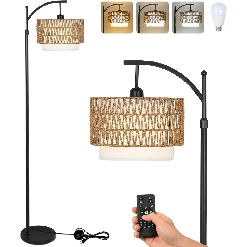 

Arc Floor Lamp with Remote Control, Dimmable LED Floor Lamp with 3 Color Temperature, Black Standing Lamp with Rattan