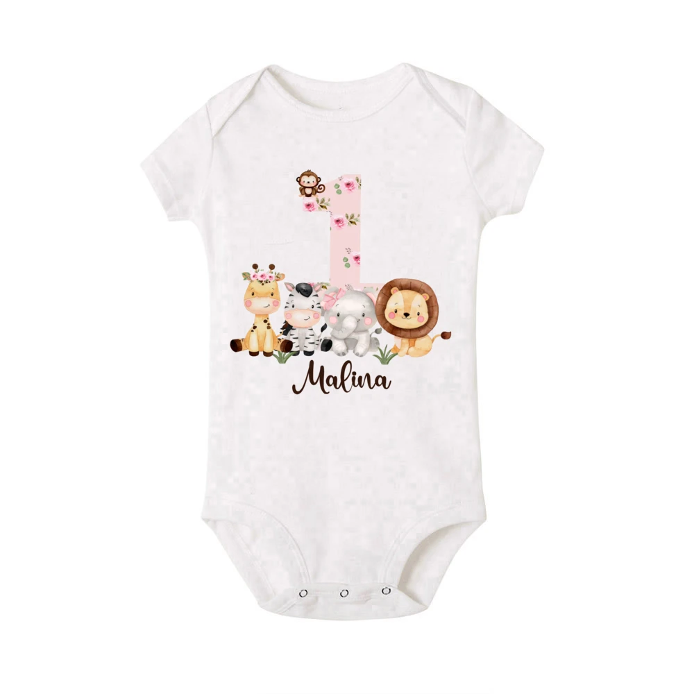 Personalized Baby Romper Safari Animal with Name Bodysuit Newborn Wild One Jumpsuit Outfit Baby Girls Clothes Infant Shower Gift