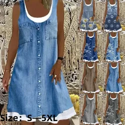 Novo 2024 impressão digital feminina falso duas peças imitação denim vestido casual solto em torno do pescoço tanque vestido superior feminino
