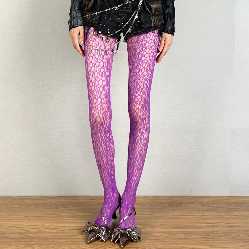 Women Sexy Tights Medium Grid High Waist Silk Stockings Punk Gothic Irregular Mesh Fishnet Hollow Out Pantyhose Subculture Black