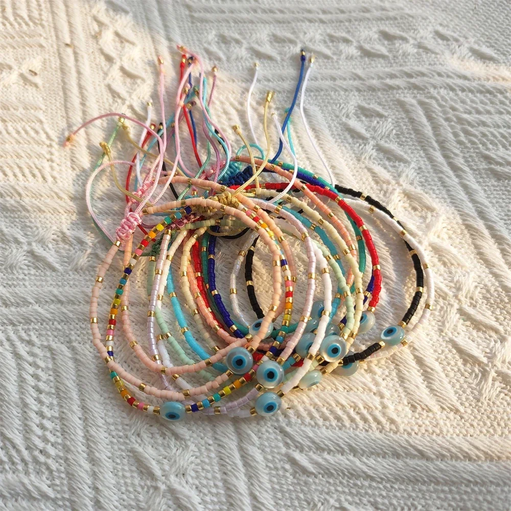 KKBEAD متعدد الألوان الشر سوار بحليات العين الزرقاء قابل للتعديل سلسلة ميوكي الخرز داينتي أساور للنساء ديليكا مطرز شيك بوهو مجوهرات