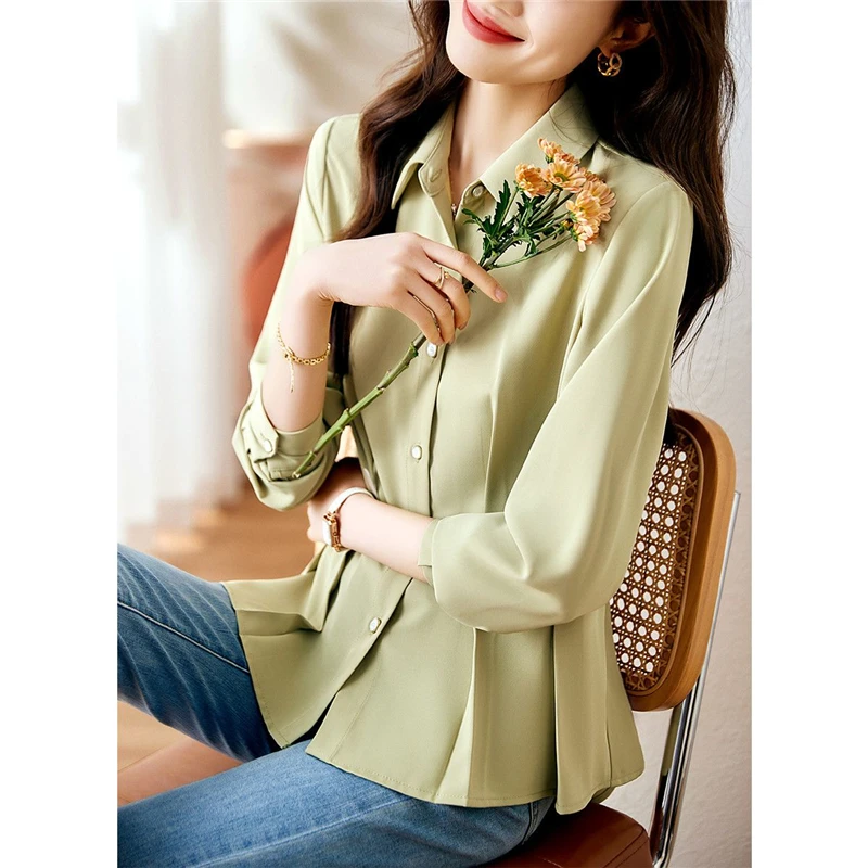 Women Ruffled Elegant Chic Button Shirts Korean Fashion Simple Business Casual Office Lady Blouse Solid Long Sleeve Tops Blusas